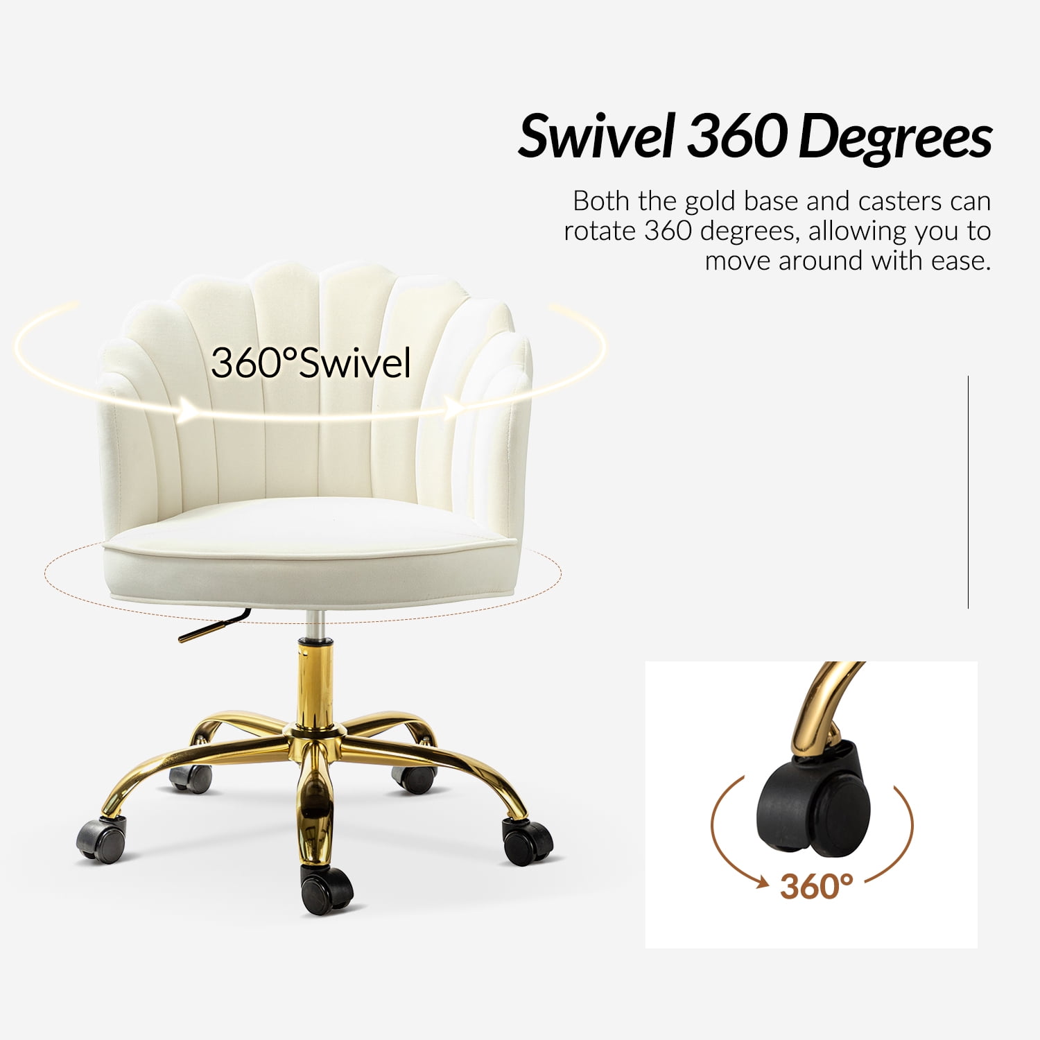 Tina's Home Makeup Vanity Table Chair Velvet Upholstered Shell Backrest Swivel Adjustable Gold Legs Office Bedroom Ivory