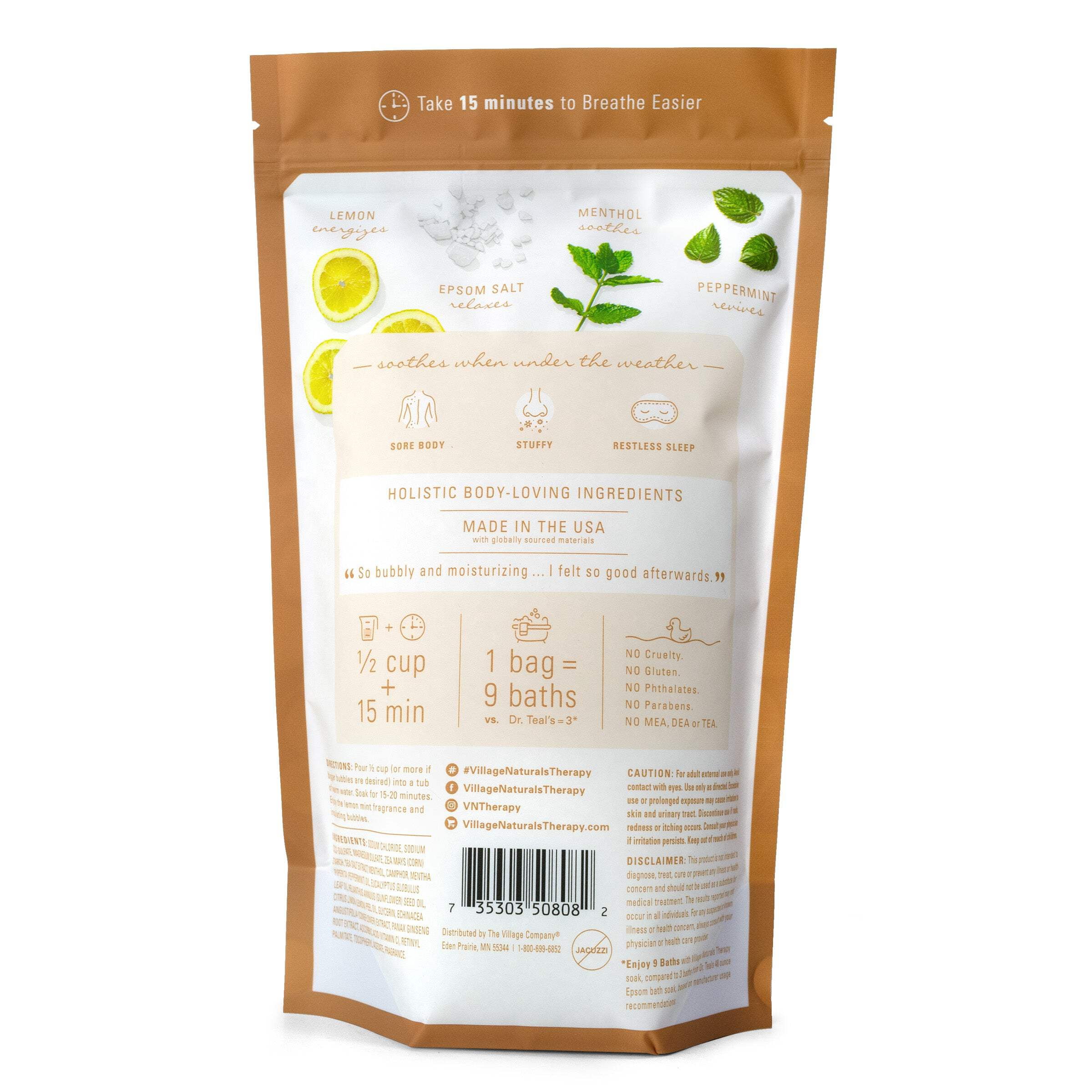 (2 pack) Village Naturals Therapy Breathe 2in1 Foaming Epsom Bath Soak, Echinacea, Ginger & Ginseng