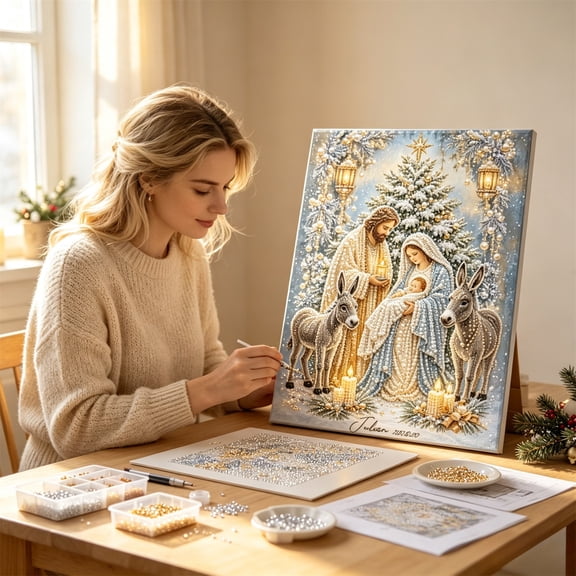 DIY Christmas Pearl Diamond Art Kit, Pearl Painting Art Kit for Adults and Beginner, DIY Jesus Nativity Diamond Art Kit, Christian Mosaic Craft Kits for Home Wall