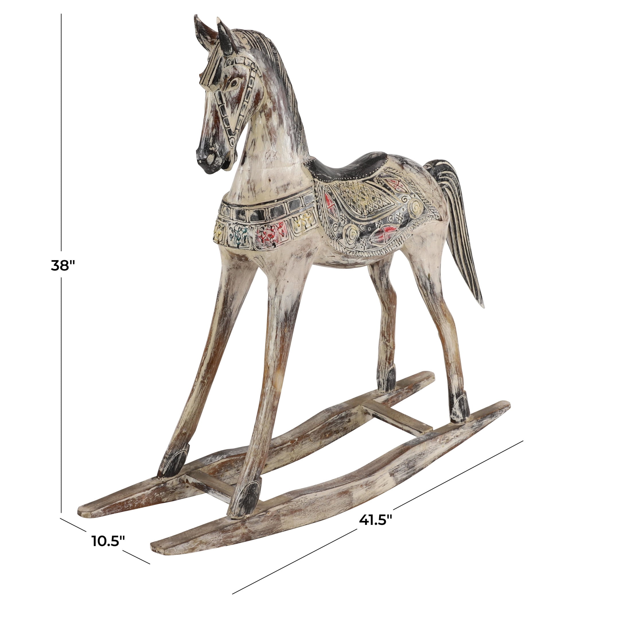 DecMode Beige Wood Horse Rocking Decorative Sculpture with Brown Distressing and Colorful Accents, 42" x 11" x 38"