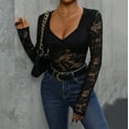 thumbnail image 3 of Oplxuo Long Sleeve Bodysuits for Women Floral Lace Sexy Deep V Neck Sheer Mesh Bodysuit Tops See Through Leotards, 3 of 7