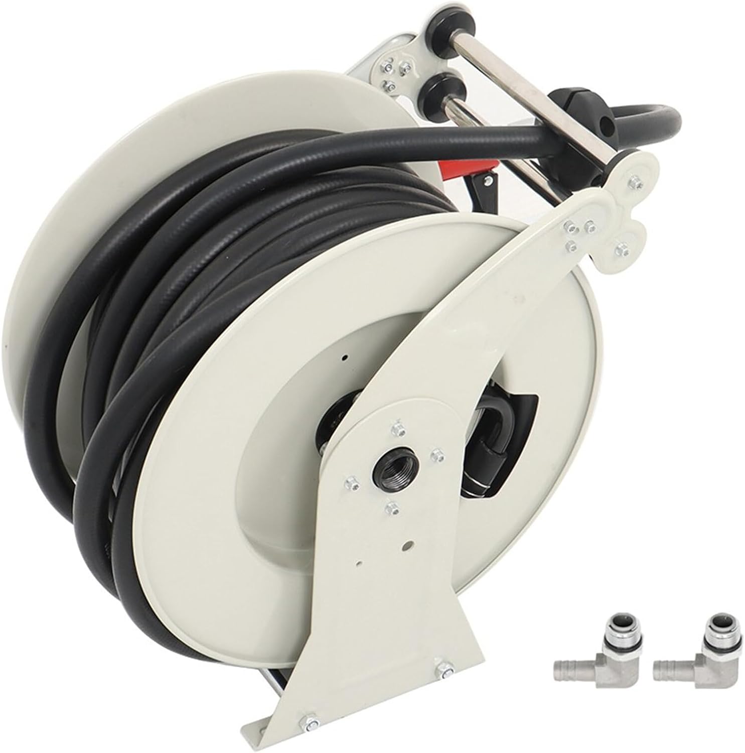 Handdo Fuel Hose Reel 3/4 Inch x 50 Feet Hose Reel Steel Structure Base Rubber Hose with Fuel Nozzle Hose Reel