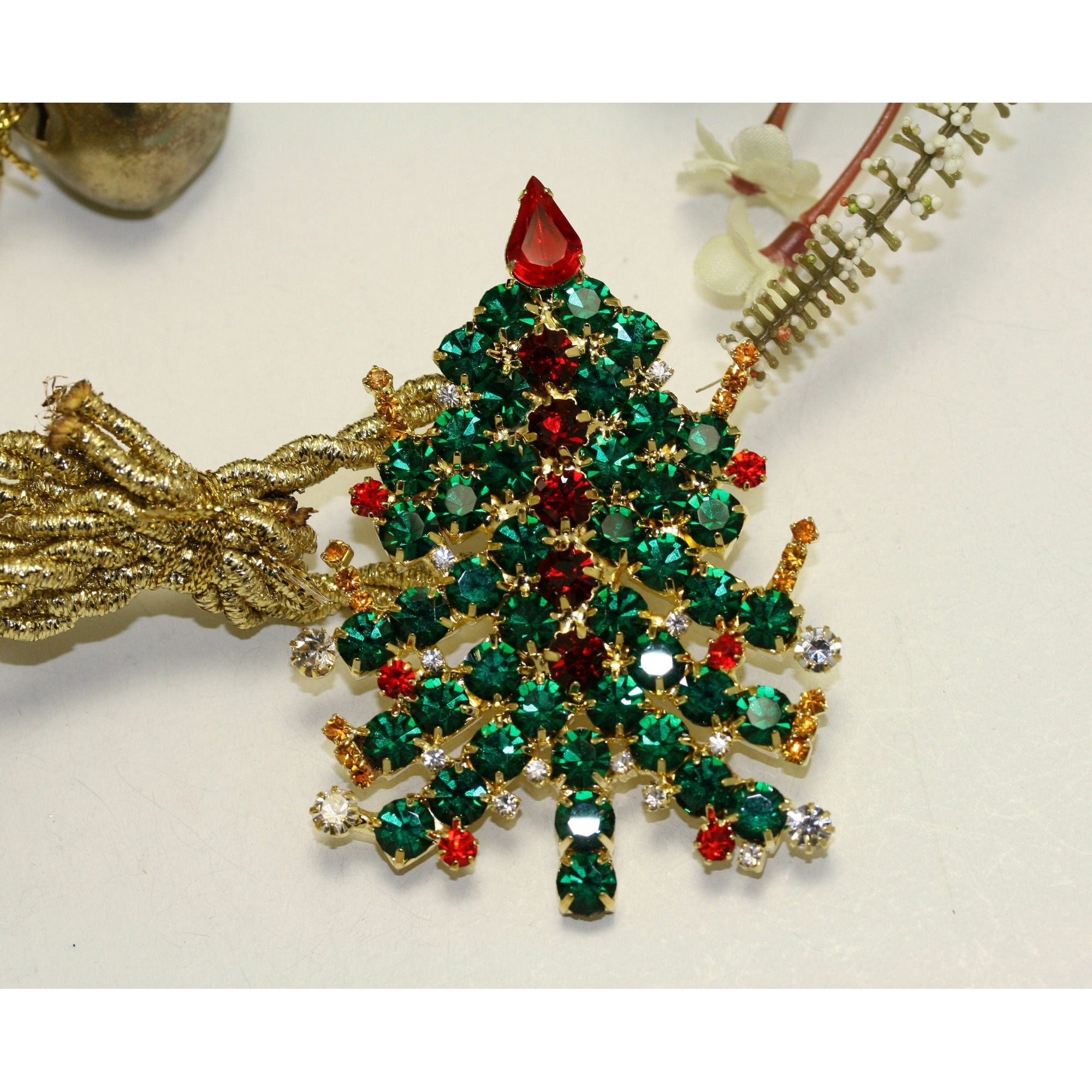Christmas Tree Brooch Pin Rhinestones Candles Gold Tone Vintage Exquisite Unique, Xmas Holiday Jewelry Gift