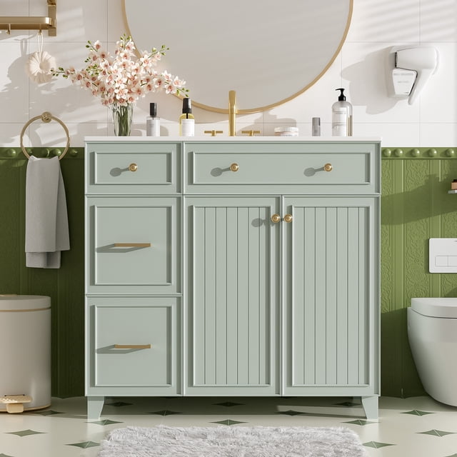 Noble House 36" Bathroom Vanity with Ceramic Sink,Double-Layer Drawers,White