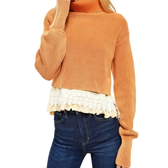 Free People Womens Crochet Hem Pullover Sweater, Orange, Medium