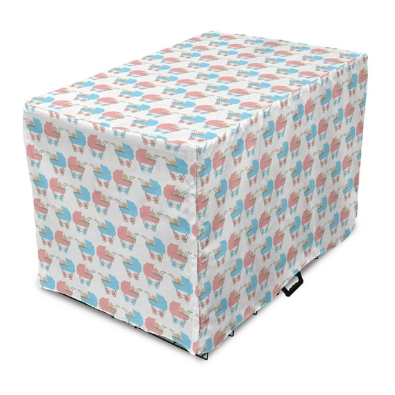 Cartoon Dog Crate Cover, Pattern of Strollers with a Inside, Easy to Use Pet Kennel Cover Small Dogs Puppies Kittens, 7 Sizes, Sky Blue Blush White, by Ambesonne