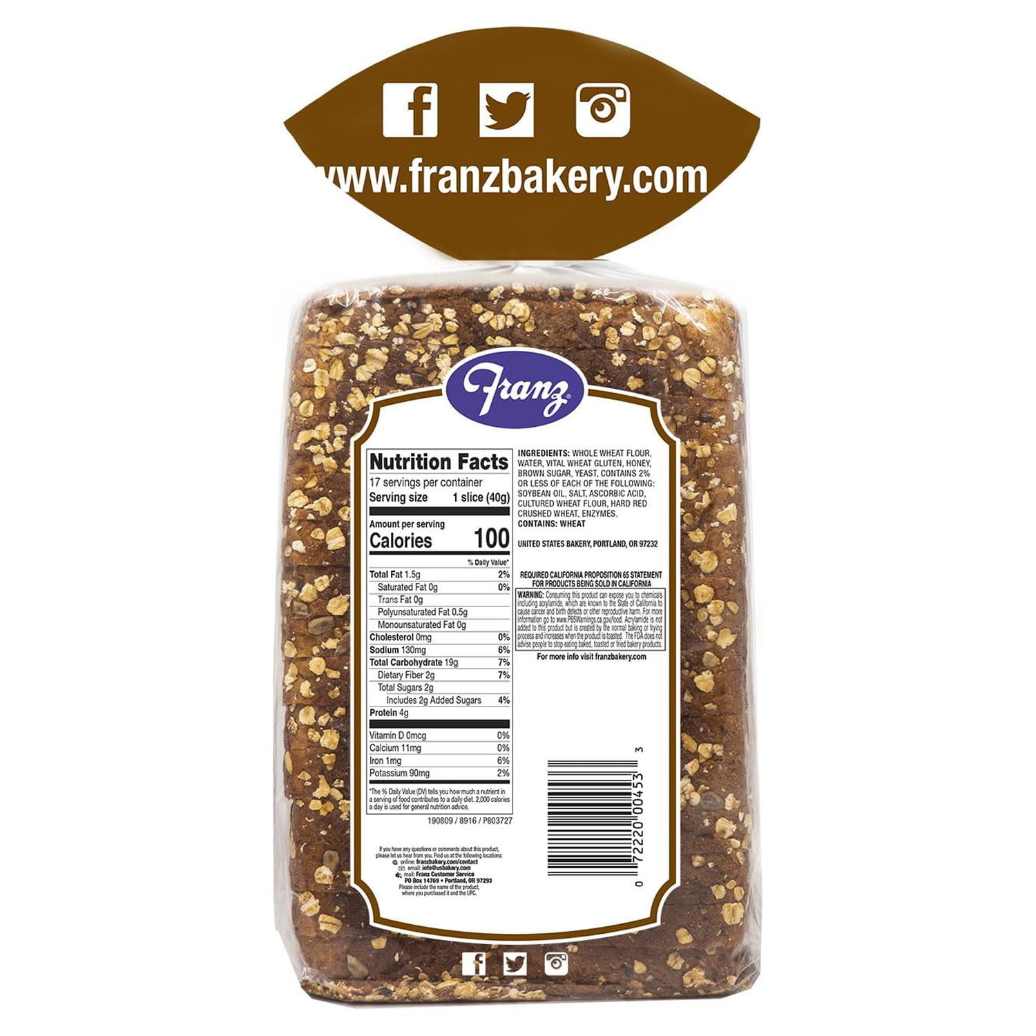 Franz Big Horn Valley Whole Wheat Made with 100% Whole Wheat Flour Bread Loaf, 24 oz