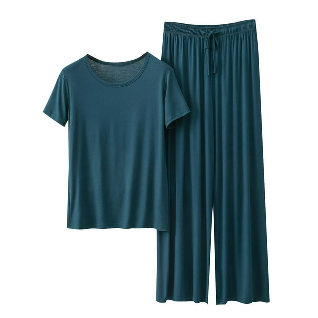 Timegard Ensembles d'Été pour Femmes T-Shirt à Col Rond à Manches Courtes Pantalon à Jambe Grand Pyjamas Doux et Décontractés
