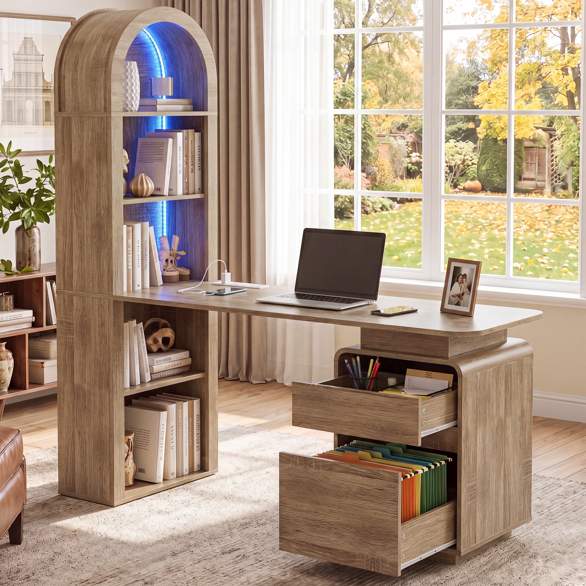 Uforic 59 Inch Modern L-Shaped Computer Desk with RGB LED Light Built-in Charging Station for Home Office Gaming Study Room Oak