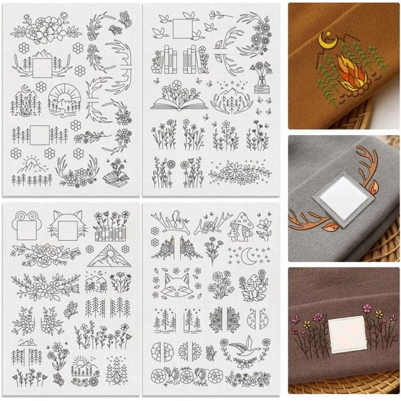 Colorful 56Pcs Mountain Flower Vine Embroidery Pattern Stabilizer 8.3"x11.7" Deer Antler Book Soluble Stick and Stitch Embroidery Sticker 4 Sheets Tree Hat Water Hand Sewing DIY Embroidery Paper