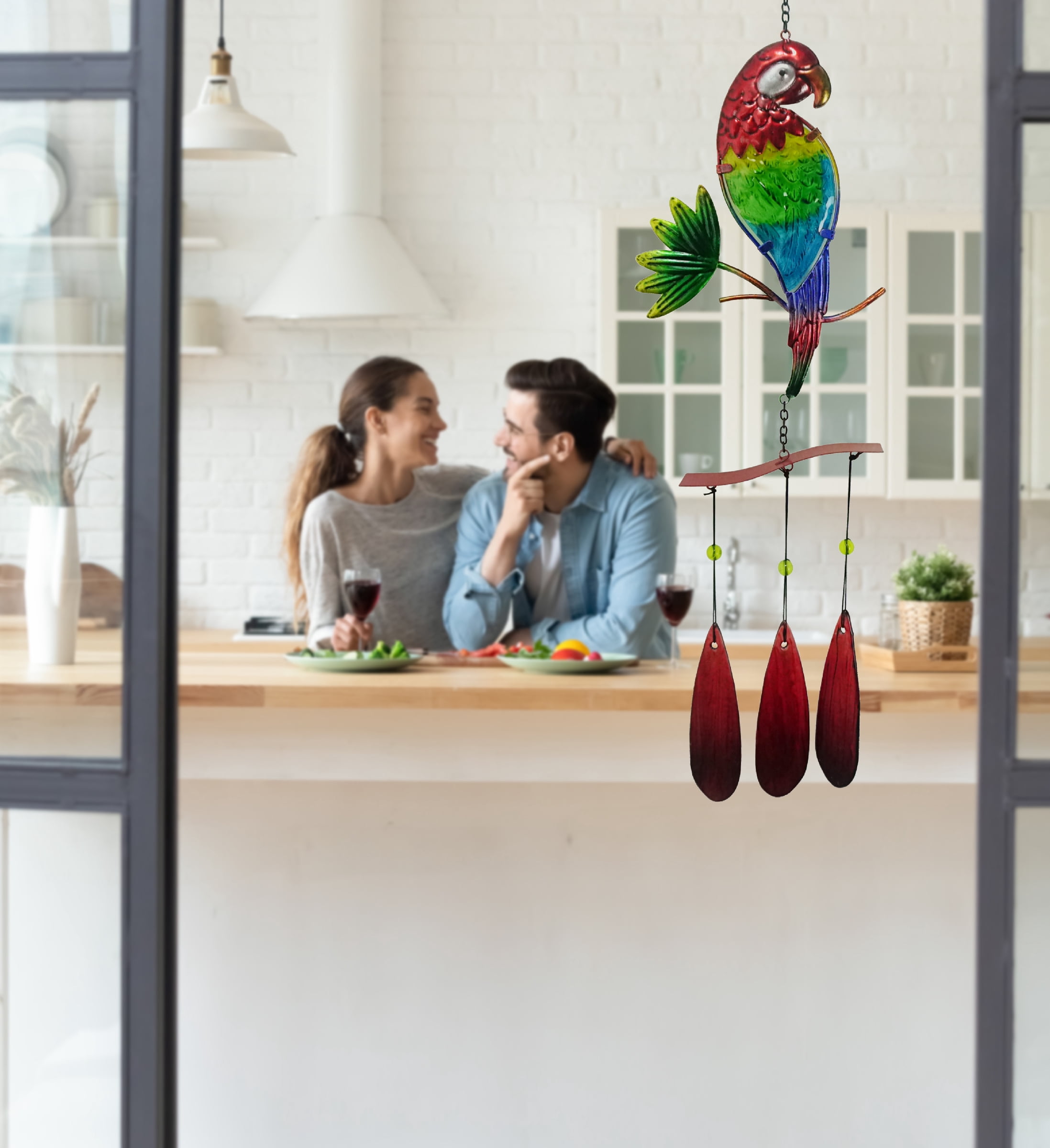 CoTa Global Parrot Wind Chime - Handmade Glass & Metal Chime - Tropical Bird Hanging Decor - Colorful Home Decor Gift, Indoor and Outdoor Hanging Decoration For Porch, Patio, and Garden - 32.7 Inch