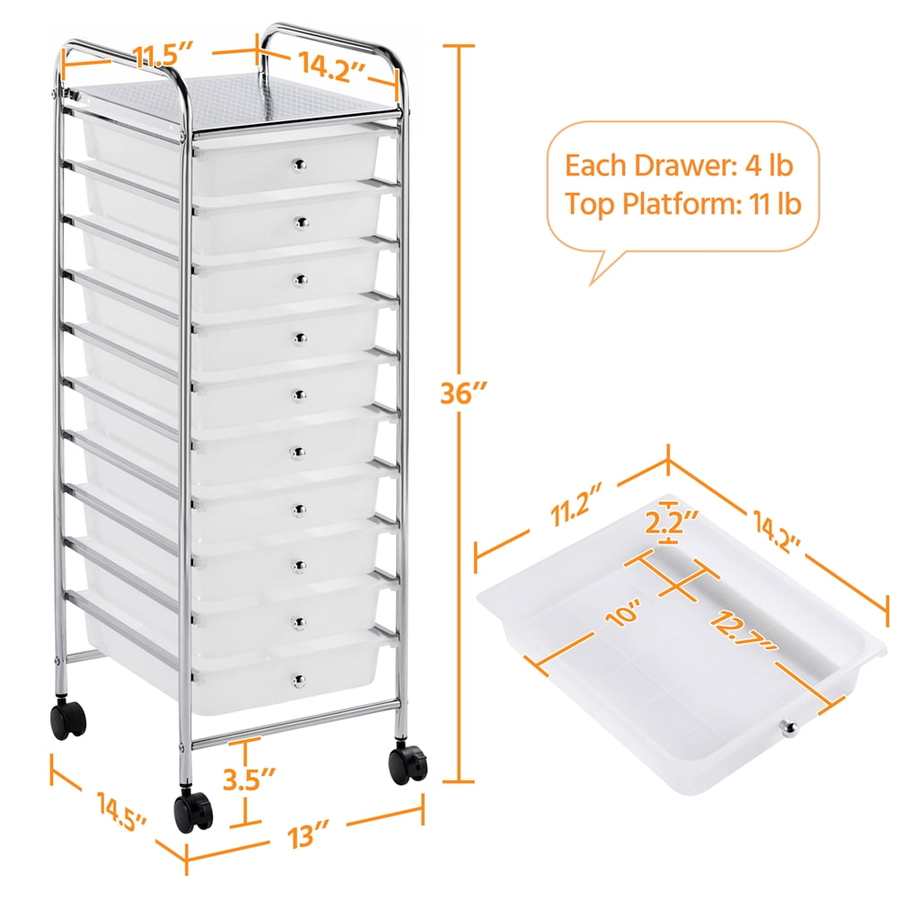 Renwick 10 Drawer Rolling Storage Cart Home Office Organizer Cart with Wheels, White