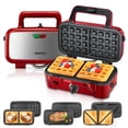thumbnail image 1 of FOHERE Waffle Maker 3 en 1 Sandwichera Prensa Panini de 1200 W con placas extraíbles y control de temperatura de 5 engranajes, revestimiento antiadherente, fácil de limpiar, luces indicadoras, rojo, 1 of 5