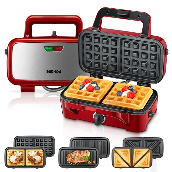 FOHERE Waffle Maker 3 en 1 Sandwichera Prensa Panini de 1200 W con placas extraíbles y control de temperatura de 5 engranajes, revestimiento antiadherente, fácil de limpiar, luces indicadoras, rojo