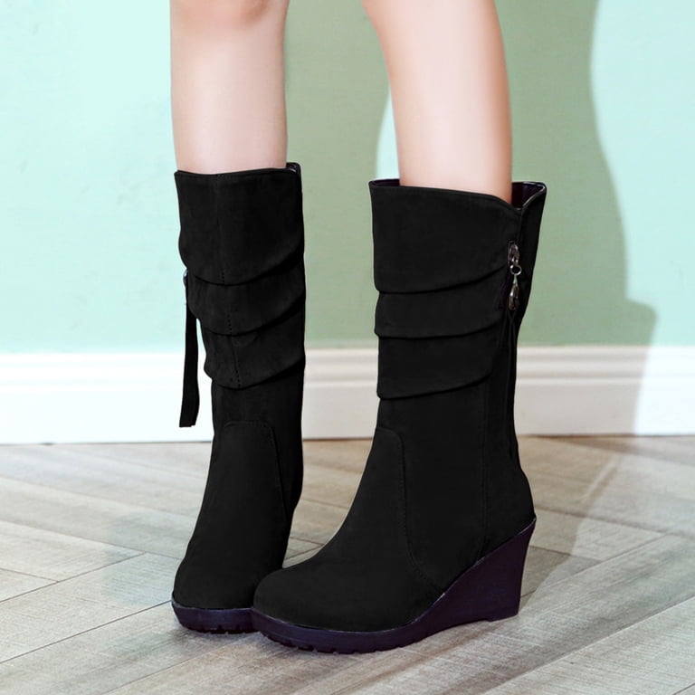 Mepaouo Women Wedge Dress Boots Side Zipper Suede Wide Mid Calf Walking Riding Booties(Black,7.5) - Walmart.com Mepaouo Women Wedge Dress Boots Side Zipper Suede Wide Mid Calf Walking Riding Booties(Black,7.5) - Walmart.com