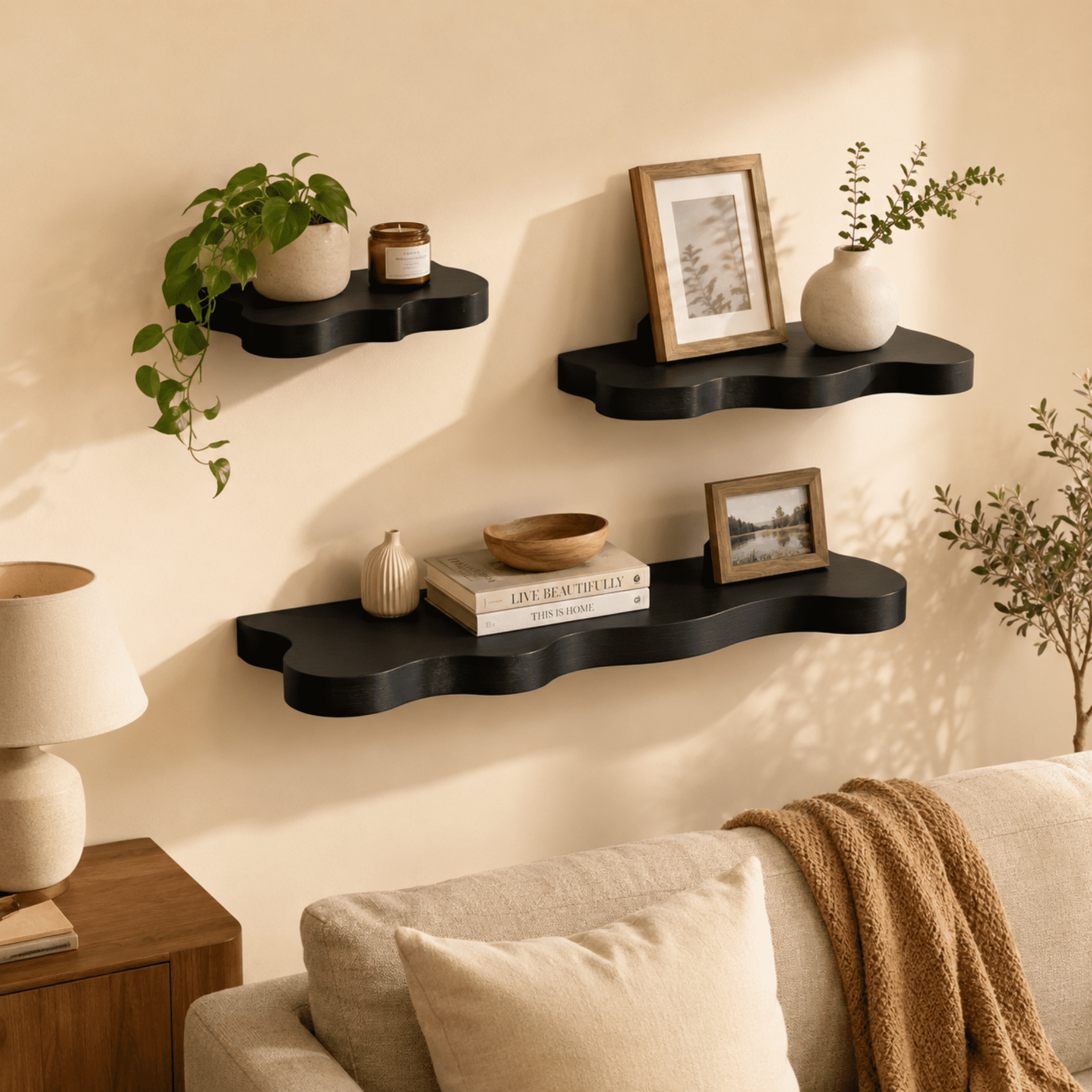 MEHOOM Set of 3 Live Edge Solid Wood Floating Shelves, Rustic Farmhouse Wall Shelves , Decorative Wall Display Shelves for Living Room, Bedroom, Bathroom,Black