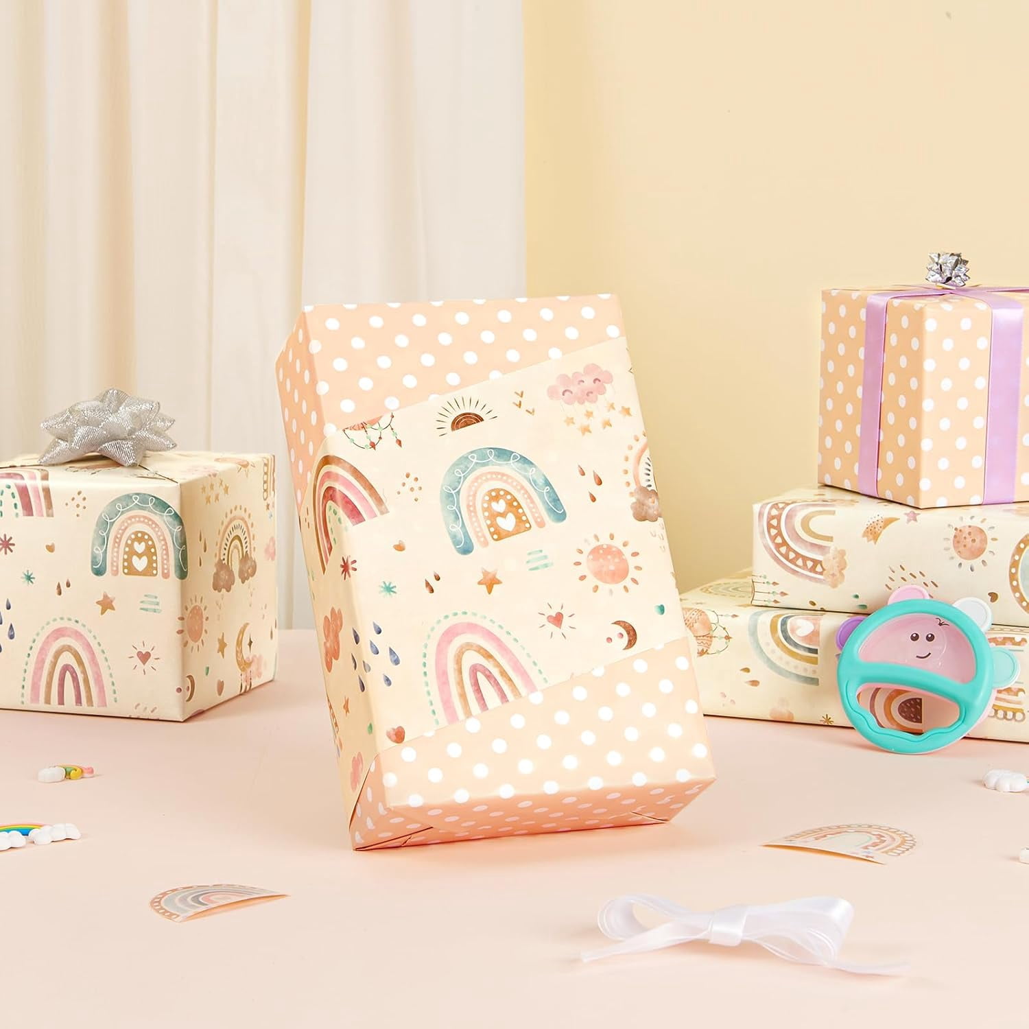 Rainbow Gift Wrapping Paper Roll - 1 Roll 17” x 33 ft  Baby Shower Wrapping Paper New Baby Girl Wrapping Paper for Kids Birthday Party Favor Reversible Polka Dot Design