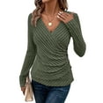 thumbnail image 3 of Womens Long Sleeve Shirts V Neck Ribbed Knit Slim Fit Button Light-Weight Sweater Fall Casual Work Tops Army Green M, 3 of 10
