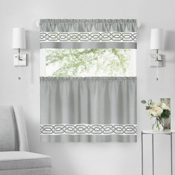 Montauk Accents Malibu Complete 3 Piece Rod Pocket Embroidered Tier & Valance Kitchen Curtain Set - 24 in. Long, Silver