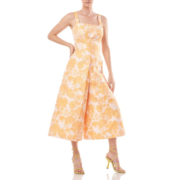 Kay Unger Sleeveless Square Neck Empire Waist Floral Two-Tone Jacquard  Jumpsuit with Pockets-MANGO / 6