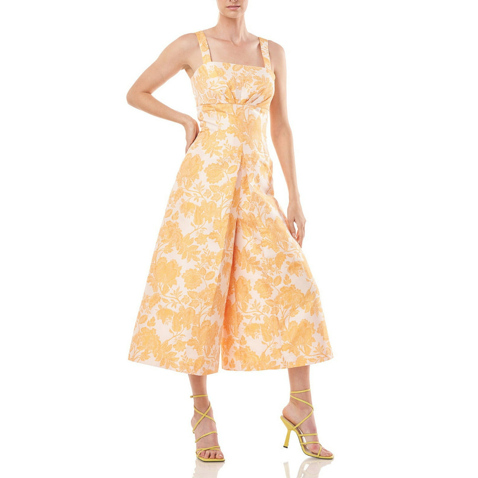 Kay Unger Sleeveless Square Neck Empire Waist Floral Two-Tone Jacquard  Jumpsuit with Pockets-MANGO / 16