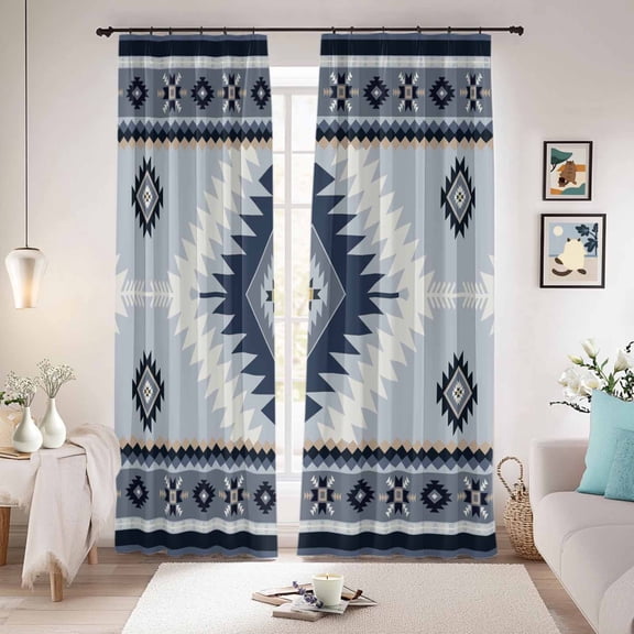 Blue Gray Boho Blackout Curtains for Bedroom/Living Room, Pinch Pleated Black Out Curtains, Southwestern Ethnic Abstract Geometric Room Darkening Window Drapes with Hooks 2 Panels, 59"x70"