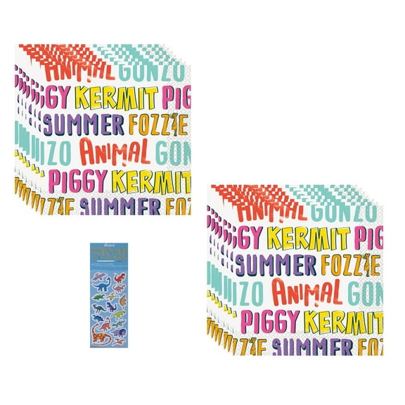 Muppet Babies Birthday Party Supplies Bundle Includes 32 Party Paper Napkins 2-Ply 6.5" x 6.5", 1 Dinosaur Sticker Sheet