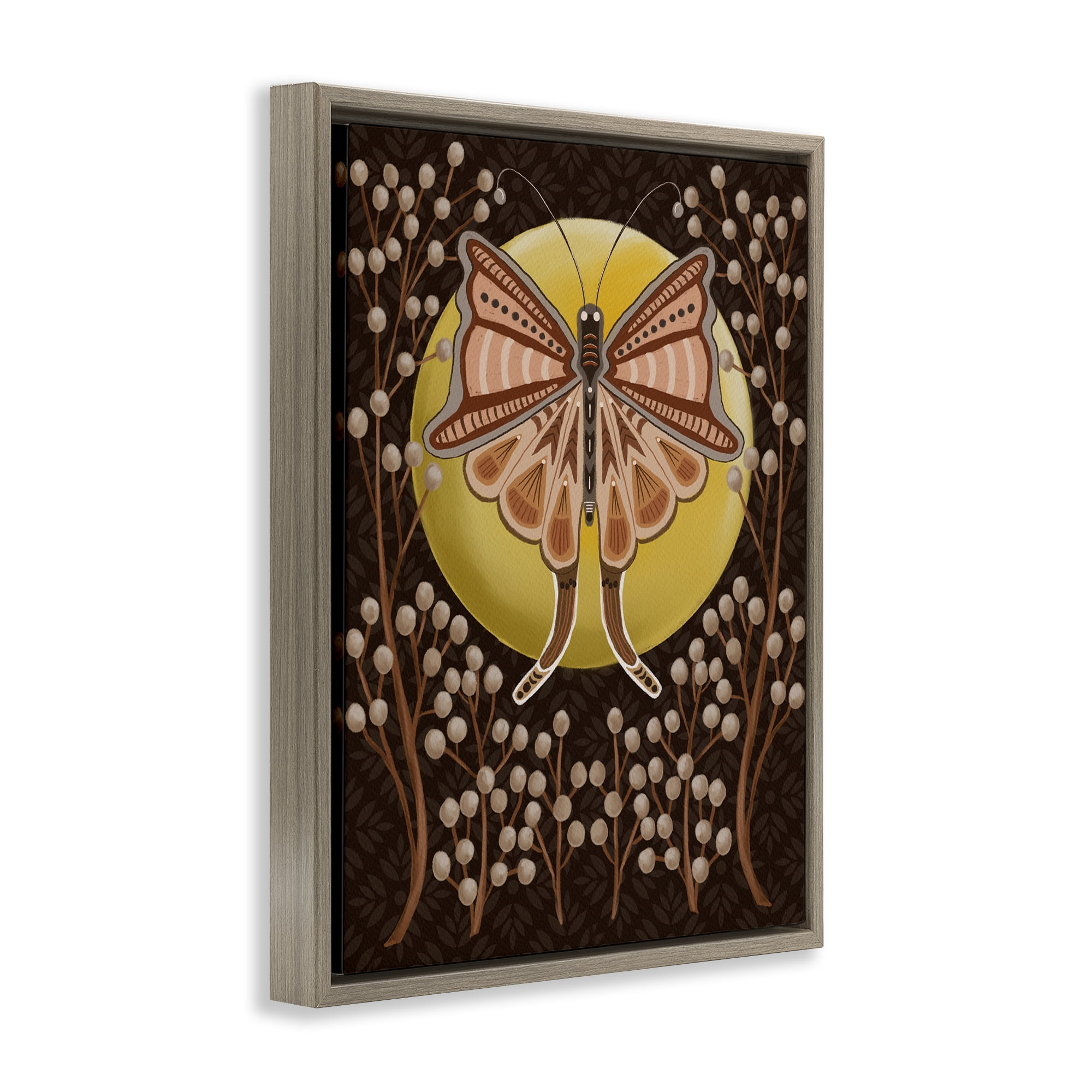 Stupell Industries Moth with Pussy Willows Insects Painting Brown Floater Framed Canvas Art Print Wall Art, 25 x 31