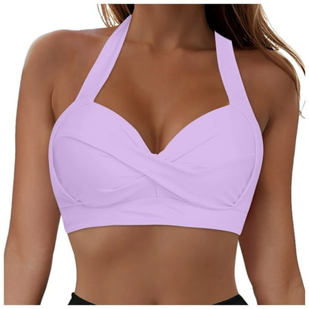 Jdkau Women Push Up Bikini Top Backless Halter Swimsuit Top Solid Color V Neck Bathing Suit Full Coverage Lace Up Bikini TopLight Purple XL