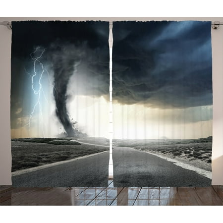 Cheetah Print Bedroom Accessories Lake House Decor Curtains 2 Panels Set, Black Tornado Funnel Gas And Lightning Rolling On The Road Fume Disaster Monochrome Print, Living Room Bedroom Accessories, By Ambesonne ()
