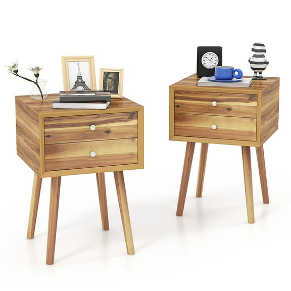 Gymax 2PCS Wooden Nightstand Mid-Century End Side Table W/2 Storage Drawers Natural