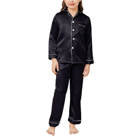 Girls Boys Silk Satin Pajamas Set Button Down Shirt and Pants Two Piece Sets Long Sleeve Sleepwear for Girl