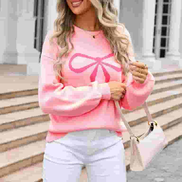 Casual Party Bow Patchwork Contrast O Neck Sweaters Casual Party Bow Patchwork Contrast O Neck Sweaters