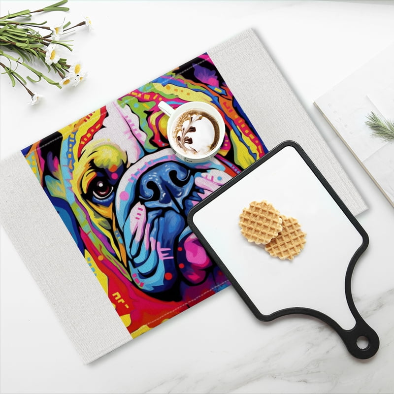 BaHomeck placemats Set of 4 Colorful Cute Bulldog In Cartoon Style Cotton Linen rectangle Placemats for Kitchen Dining Table Indoor,Outdoor,18*12inch