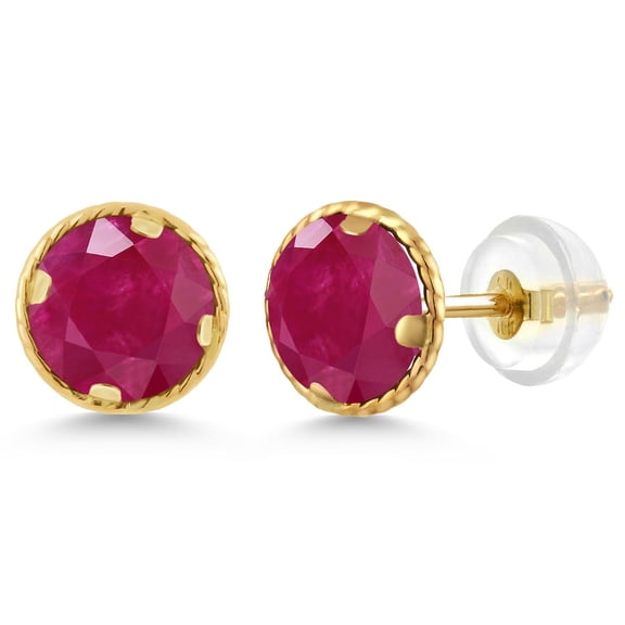 Gem Stone King 14K Yellow Gold Red Ruby Stud Earrings for Women Men (2.00 Cttw, Gemstone Birthstone, Round 6MM)