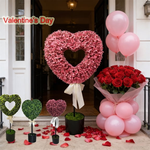 RKSTN Artificial Boxwood Heart with Bow Topiary, Valentine's Day Heart Shaped Topiary Trees, Faux Boxwood Decoration Ball Tree with Planter Pots for Indoor Outdoor Home Porch Decor