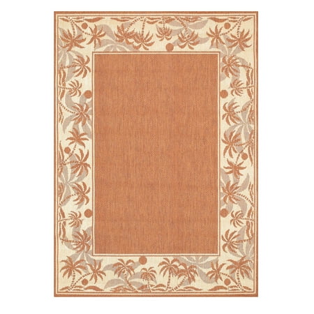 Couristan Recife Island Retreat Area Rug  8 6  x 13   Terracotta-Natural Place the Couristan Recife Island Retreat Indoor/Outdoor Rug with its palm tree border on your patio and make a tropical oasis. Power-loomed of 100% fiber-enhanced Courtron polypropylene  this all-weather  pet-friendly  mold and mildew resistant area rug collection features a durable structured  flatwoven construction  which allows it to be suitable for indoor and outdoor use. The naturally inspired color palette offered in this versatile collection features a series of unique combinations of natural hues that have been selected to complement today s hottest outdoor home furnishings. Hosting a wide range of sizes including runners and special shapes in the form of rounds and squares  the Recife Collection has been designed to offer the perfect outdoor floorcovering solution for the home.