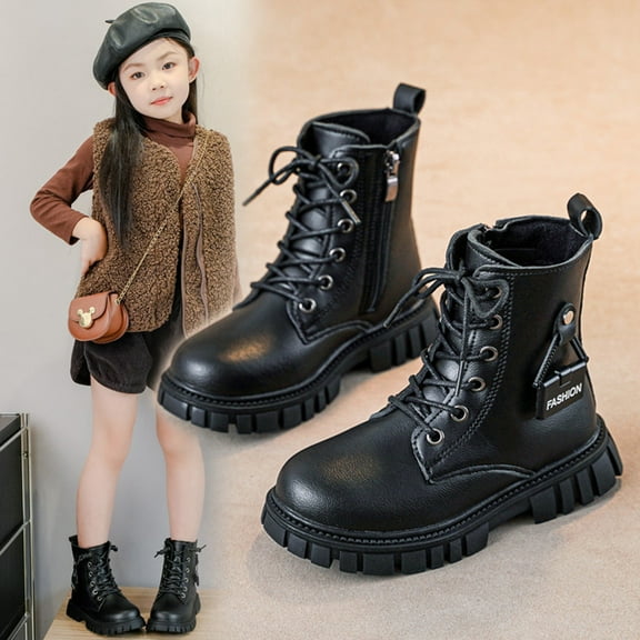 Cool Fall And Winter Style Medium And Large Children's Lace-Up Solid Color Short Leather Boots Princess Little Girl Fashionable Student Boots niños niñas zapatos