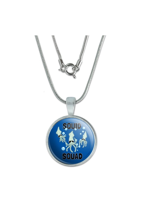 Squid Squad Ocean Aquatic Funny Humor 0.75" Pendant with Sterling Silver Plated Chain