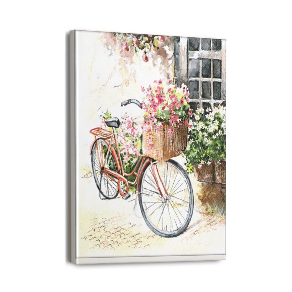 Peinture sur Toile Unique 12x16 Pouces, Images Rustiques de Vélo et de Fleurs, Art Mural de Plage Côtière pour Rafraîchir la Salle de Bain, la Chambre, la Déco du Salon