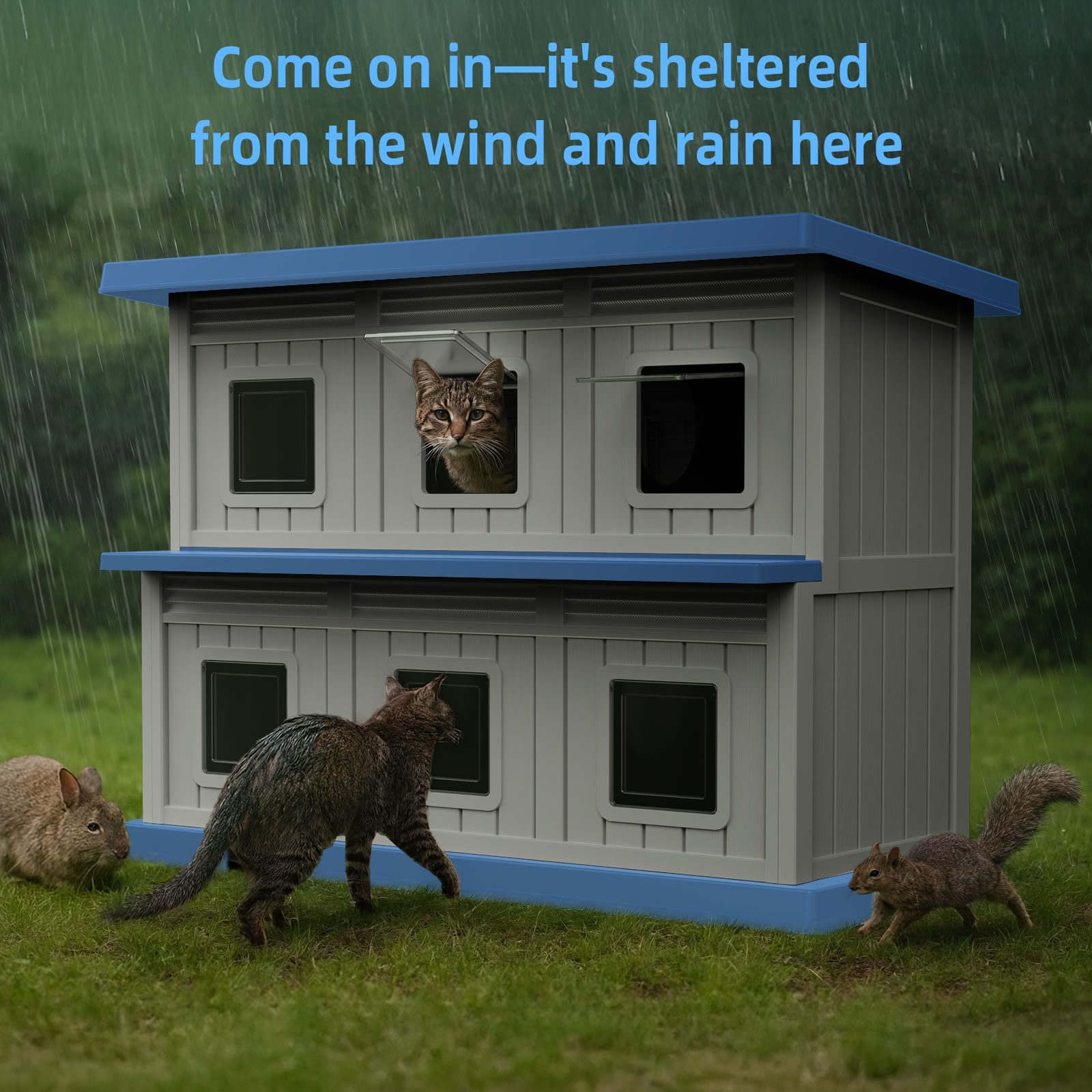 MAYEERTY Double-Decker Cat House, 6 Independent Compartments Pet Retreat with FloodGuard Roof & Tool-Free Back Panel
