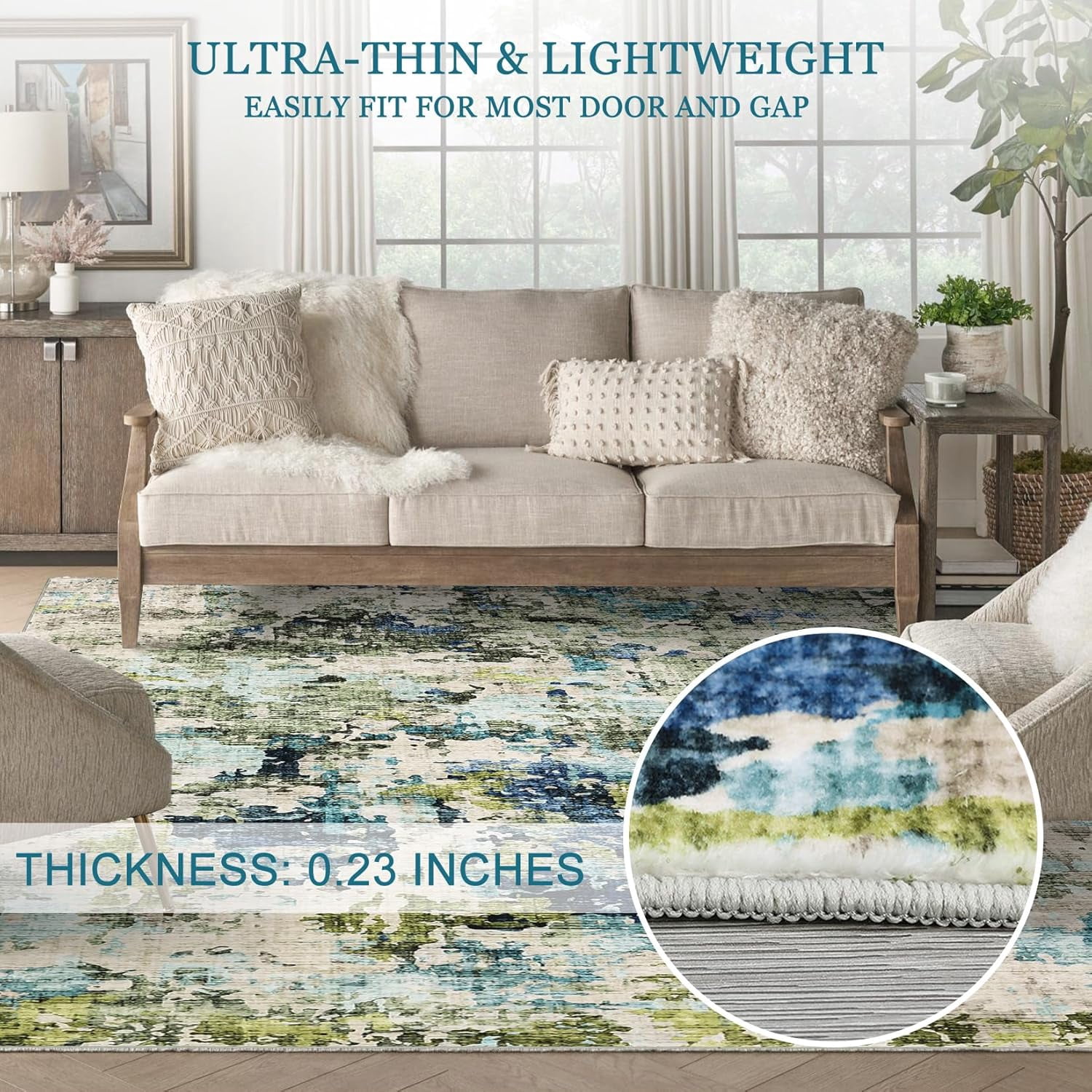 2x6 Washable Runner Rug, Soft Modern Abstract for Kitchen, Hallway, Laundry Room, Ultra-Thin Non-Slip Entryway Bedroom Rug (Green/Blue Multi, 2'x6').