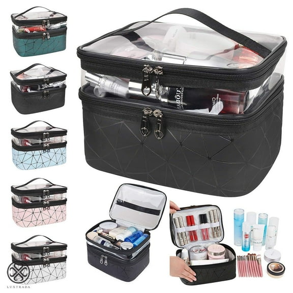 Luxtrada Makeup Bags Double layer Travel Cosmetic Cases Make up Organizer Toiletry Bags (Black)