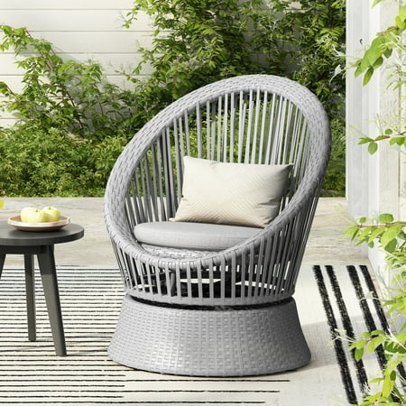 Vale Contemporary Rattan Lounge Chair, Club Chair with Curved Silhouette, Iron Frame, Waterproof Cushion, Light Grey