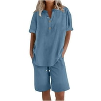 Busydd 2 Piece Sets for Women Summer Casual Loose Oversized Solid Color Womens Loungewear Set V Neck Short Sleeve Shirts and Shorts Travel Outfits for Women Plus Size L
