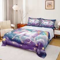 Manfei Kawaii Unicorn Queen Sheet Sets,Magic Cartoon Animal Flat Sheet,Purple Pink White Queen Fitted Sheet For Girl,Super Cozy Room Decor,4-Piece