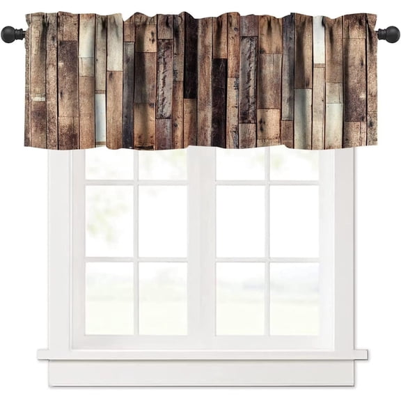 Rustic Wooden Barn Door Valances Curtains Wood Plank Brown Barnwood Western Country Style Lodge Farmhouse Short Curtain Valance for Kitchen Bathroom Decor with Rod Pocket, One Panel 54X18 Inches