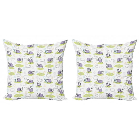 Ambesonne Cartoon Throw Pillow Cover 2 Pack, Sheep with Clouds, 20", Lavender