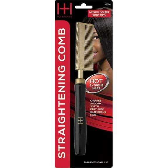 Hot & Hotter Thermal Hair Straightening Comb with Medium Teeth, Double Sided Comb, Black and Gold