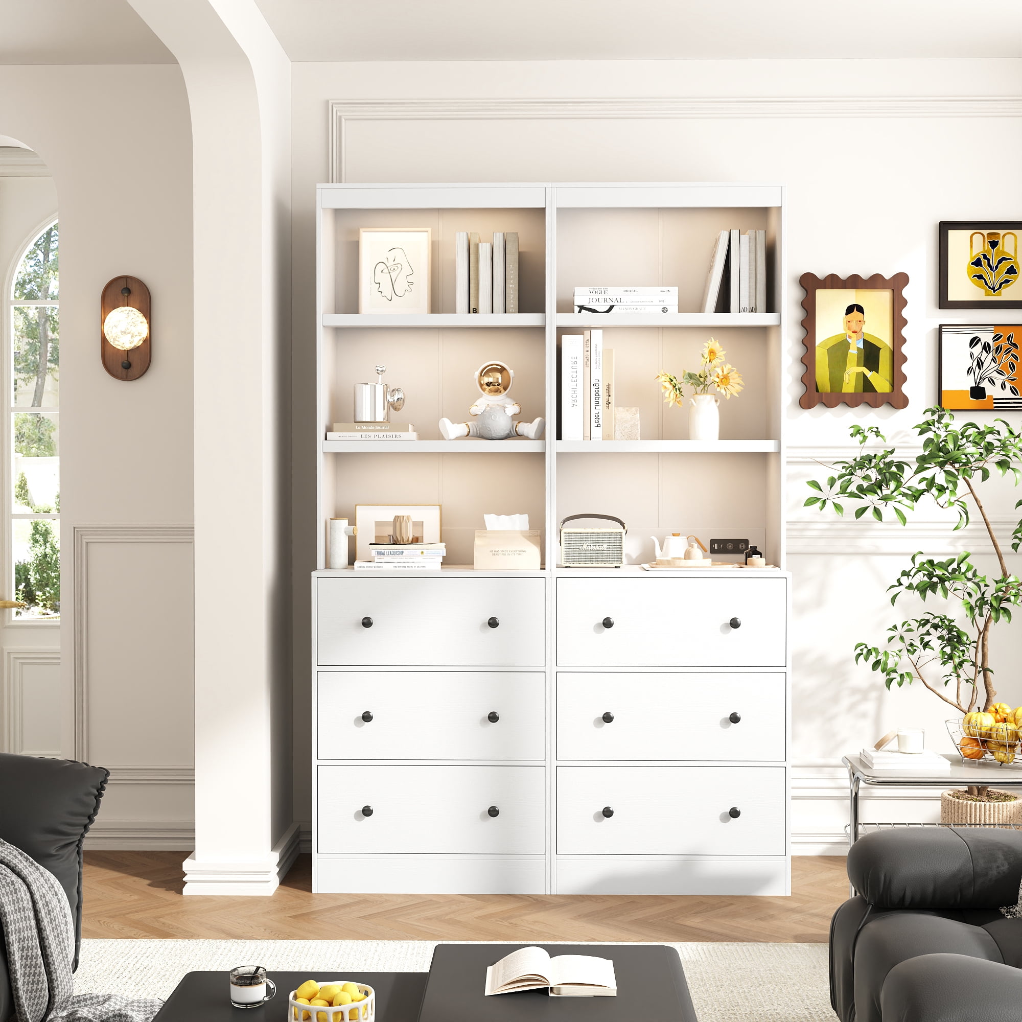 IDEALSOUL 71” Tall Bookshelf with Drawers, White Wooden Bookcase with Charging Station & LED Lights, Freestanding Display Cabinet with Shelves & Large Storage Space for Living Room, Office, Bedroom